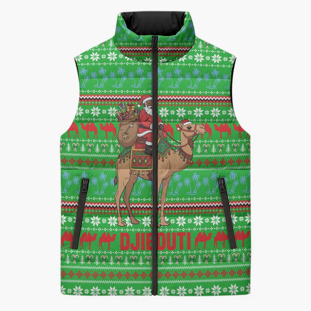 Djibouti Christmas Sleeveless Puffer Jacket with Santa Riding Camel Palm Trees Red Camel - Wonder Print Shop