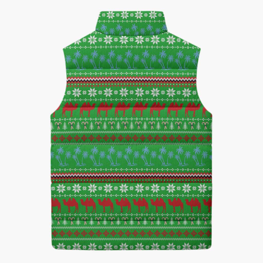 Djibouti Christmas Sleeveless Puffer Jacket with Santa Riding Camel Palm Trees Red Camel - Wonder Print Shop