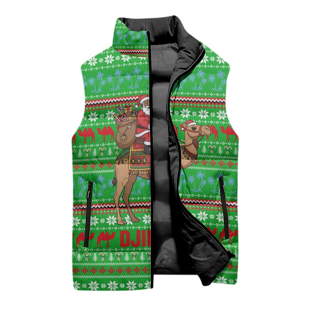 Djibouti Christmas Sleeveless Puffer Jacket with Santa Riding Camel Palm Trees Red Camel - Wonder Print Shop