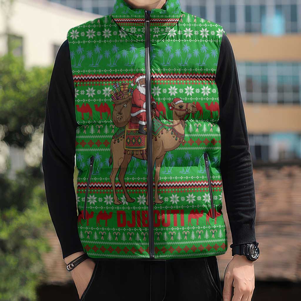 Djibouti Christmas Sleeveless Puffer Jacket with Santa Riding Camel Palm Trees Red Camel - Wonder Print Shop