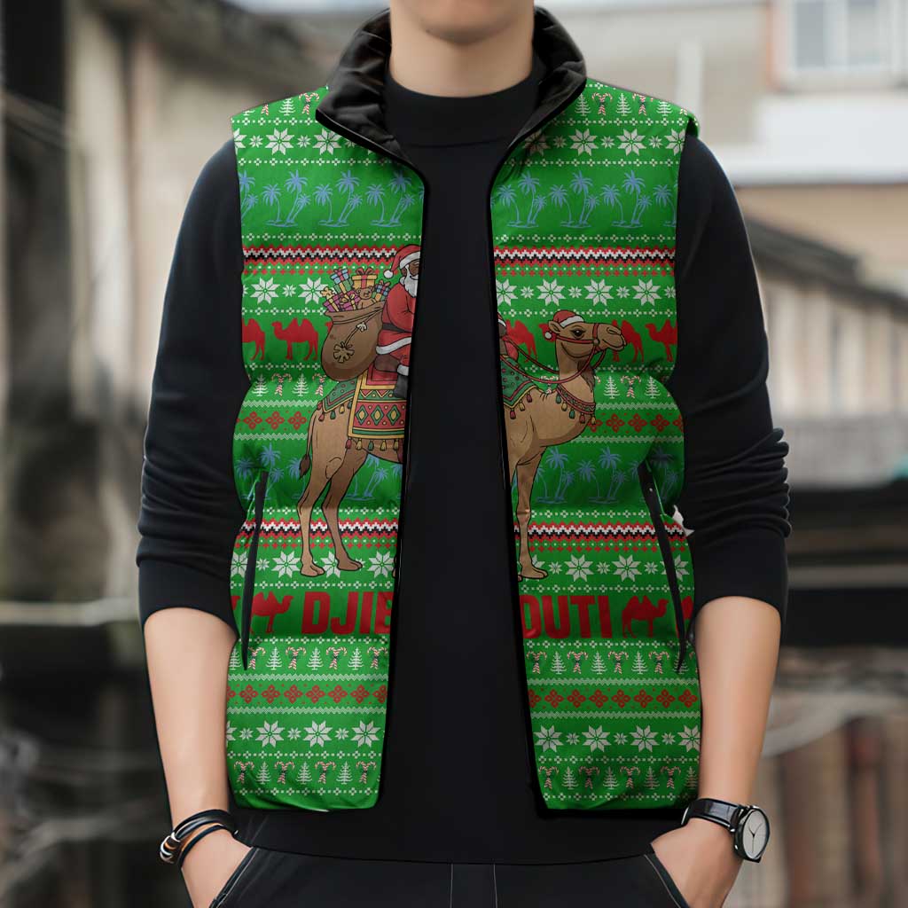 Djibouti Christmas Sleeveless Puffer Jacket with Santa Riding Camel Palm Trees Red Camel - Wonder Print Shop