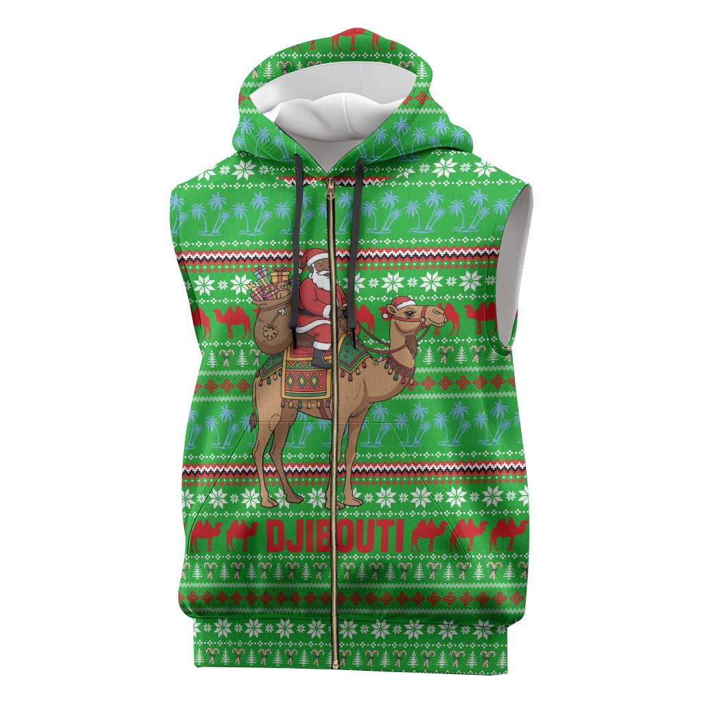 Djibouti Christmas Sleeveless Zip Hoodie with Santa Riding Camel Palm Trees Red Camel - Wonder Print Shop