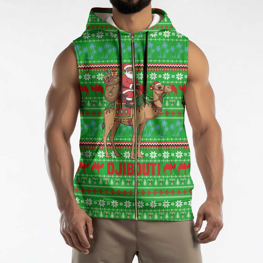 Djibouti Christmas Sleeveless Zip Hoodie with Santa Riding Camel Palm Trees Red Camel - Wonder Print Shop