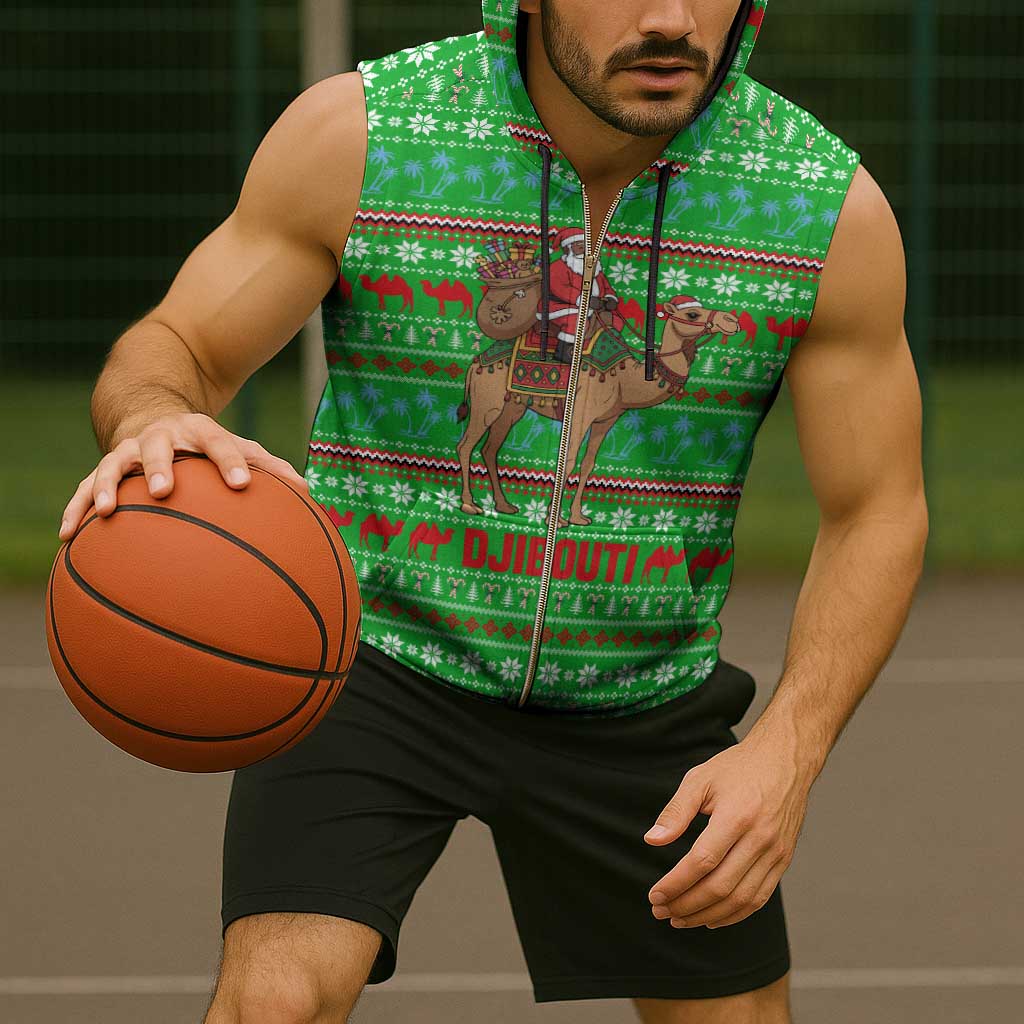 Djibouti Christmas Sleeveless Zip Hoodie with Santa Riding Camel Palm Trees Red Camel - Wonder Print Shop