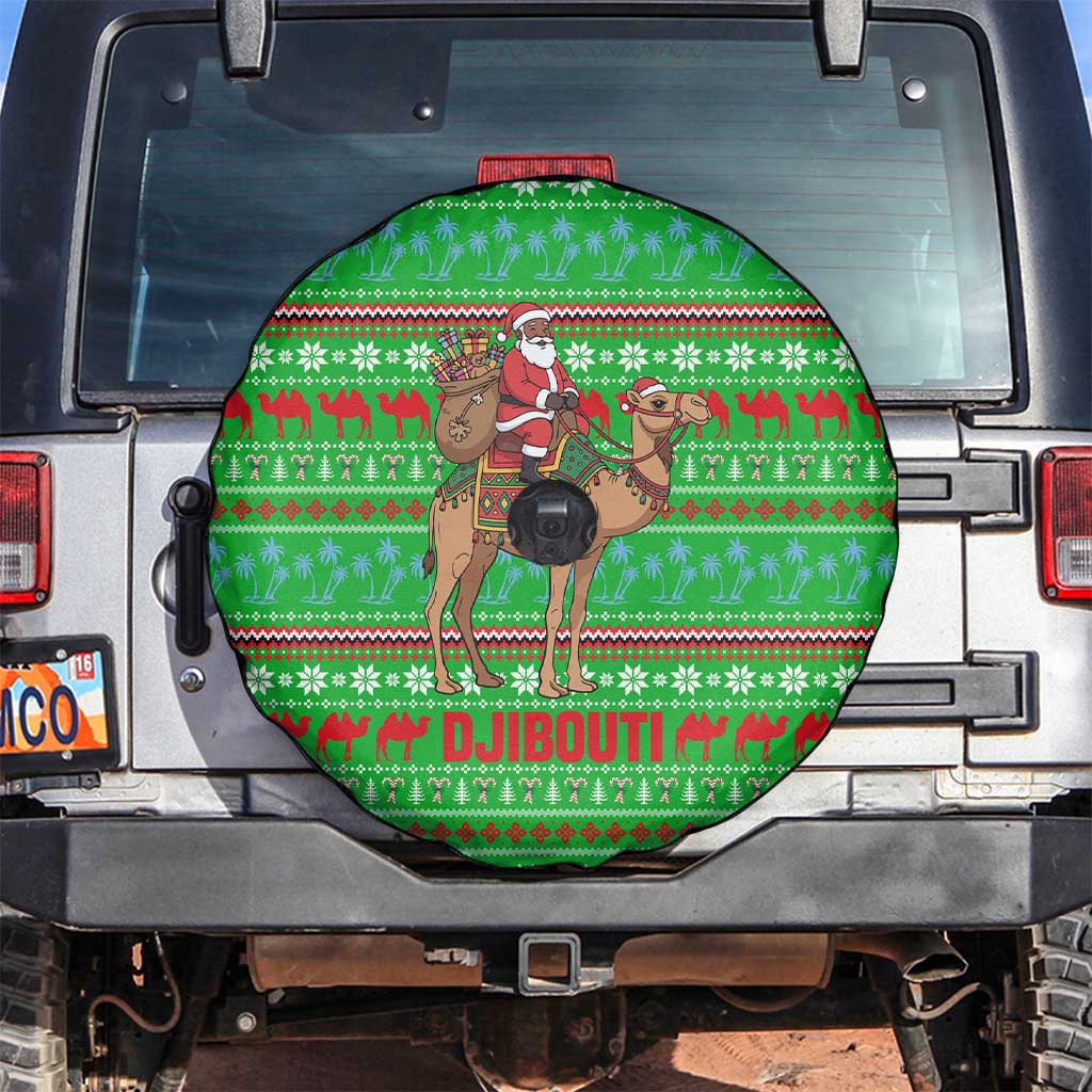 Djibouti Christmas Spare Tire Cover with Santa Riding Camel Palm Trees Red Camel - Wonder Print Shop