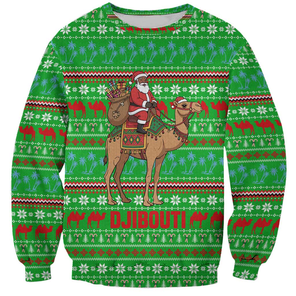 Djibouti Christmas Sweatshirt with Santa Riding Camel Palm Trees Red Camel - Wonder Print Shop