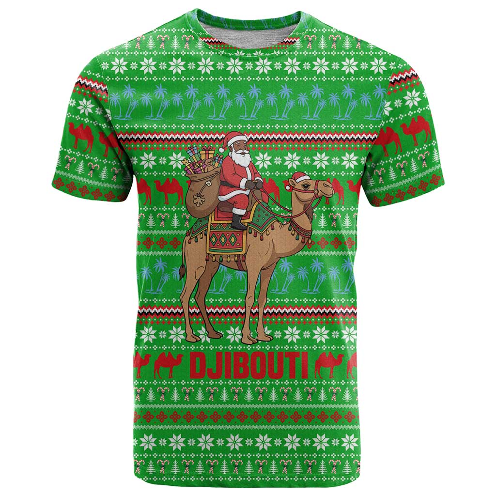 Djibouti Christmas T Shirt with Santa Riding Camel Palm Trees Red Camel - Wonder Print Shop