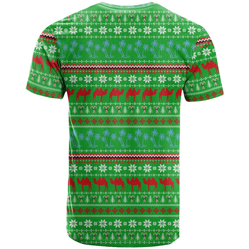 Djibouti Christmas T Shirt with Santa Riding Camel Palm Trees Red Camel - Wonder Print Shop