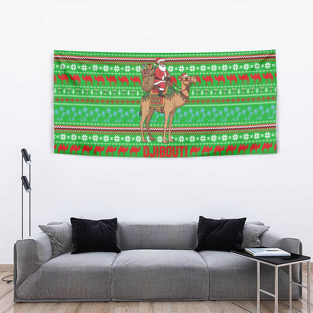 Djibouti Christmas Tapestry with Santa Riding Camel Palm Trees Red Camel - Wonder Print Shop