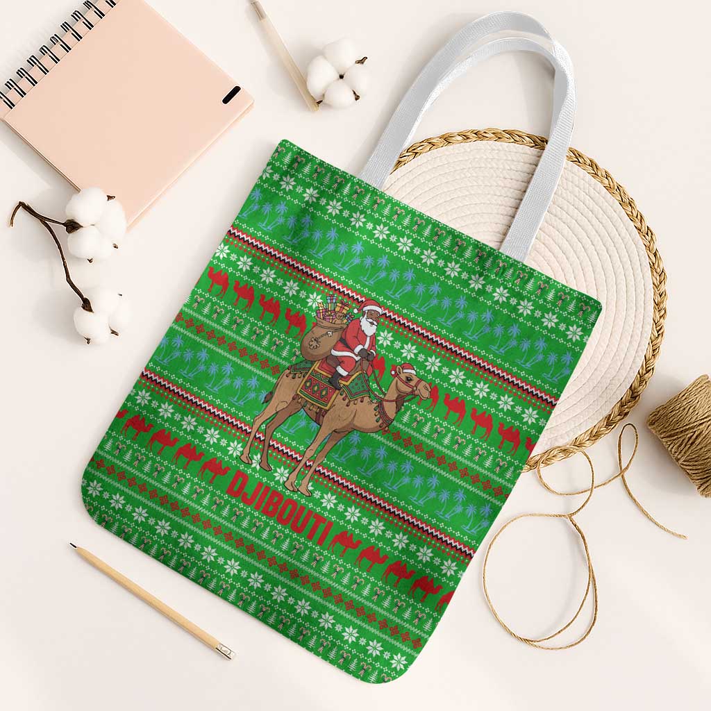 Djibouti Christmas Tote Bag with Santa Riding Camel Palm Trees Red Camel - Wonder Print Shop