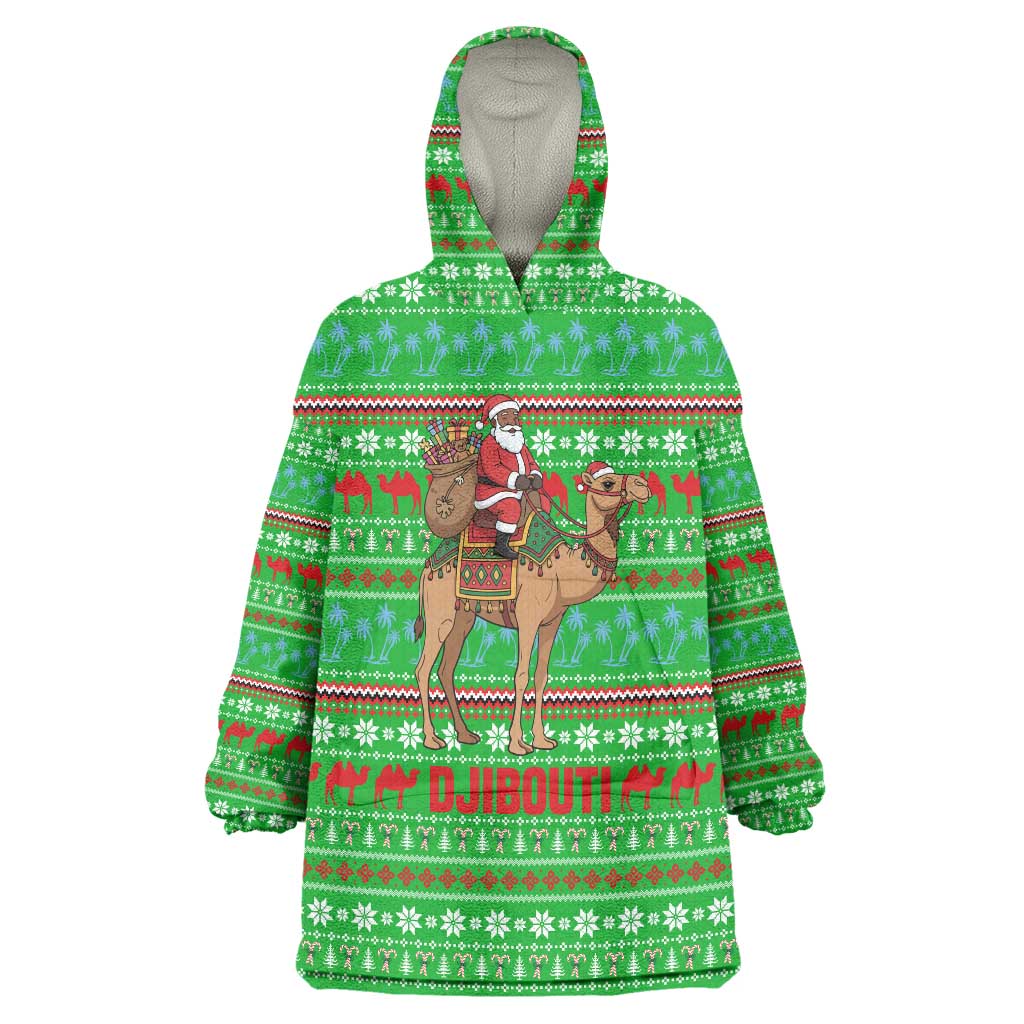Djibouti Christmas Wearable Blanket Hoodie with Santa Riding Camel Palm Trees Red Camel - Wonder Print Shop