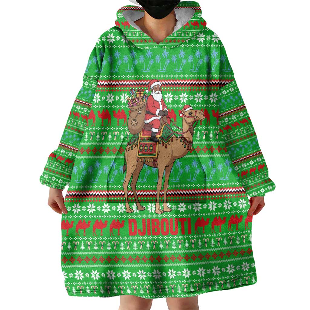 Djibouti Christmas Wearable Blanket Hoodie with Santa Riding Camel Palm Trees Red Camel - Wonder Print Shop
