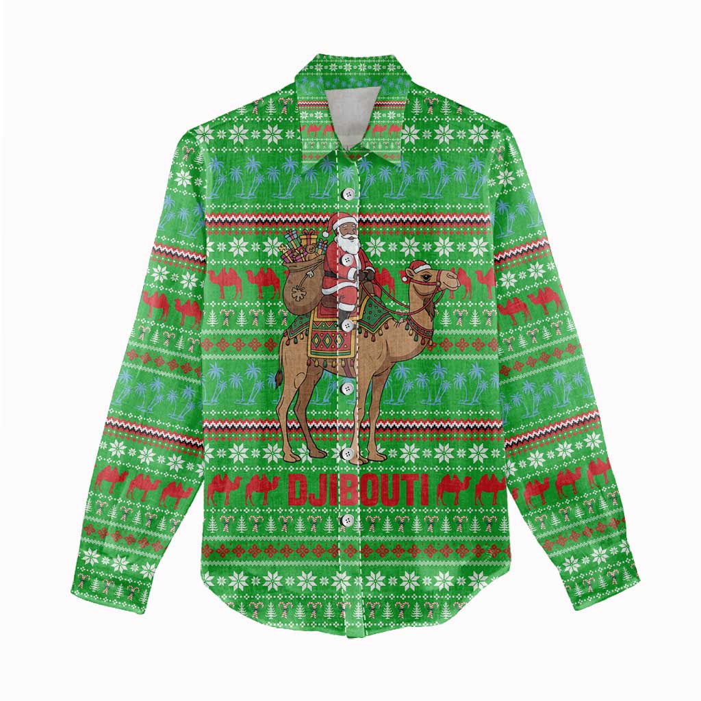 Djibouti Christmas Women Casual Shirt with Santa Riding Camel Palm Trees Red Camel - Wonder Print Shop