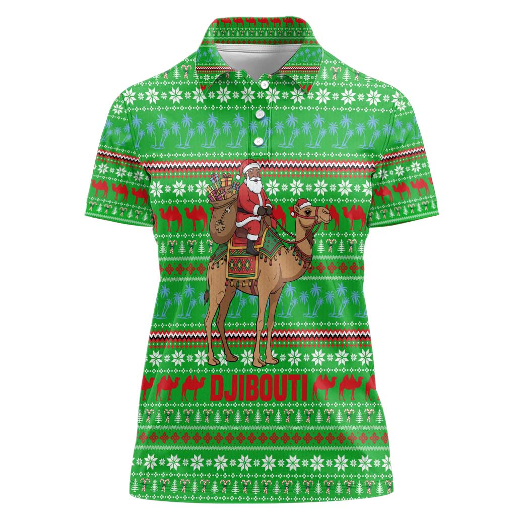 Djibouti Christmas Women Polo Shirt with Santa Riding Camel Palm Trees Red Camel - Wonder Print Shop
