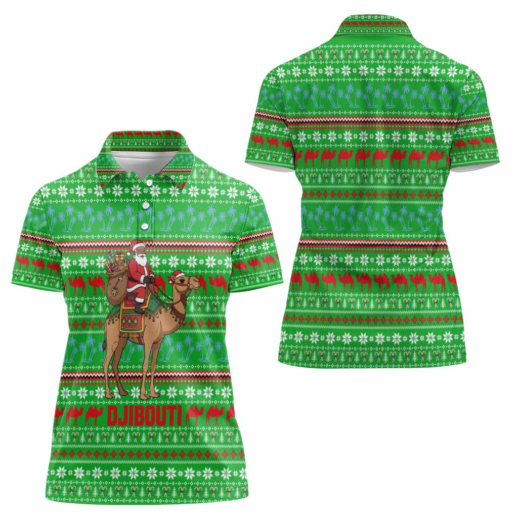Djibouti Christmas Women Polo Shirt with Santa Riding Camel Palm Trees Red Camel - Wonder Print Shop