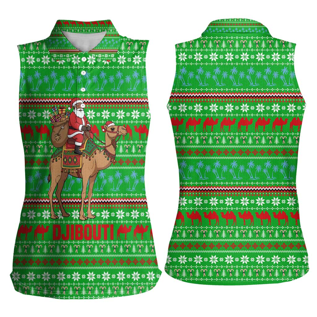 Djibouti Christmas Women Sleeveless Polo Shirt with Santa Riding Camel Palm Trees Red Camel - Wonder Print Shop