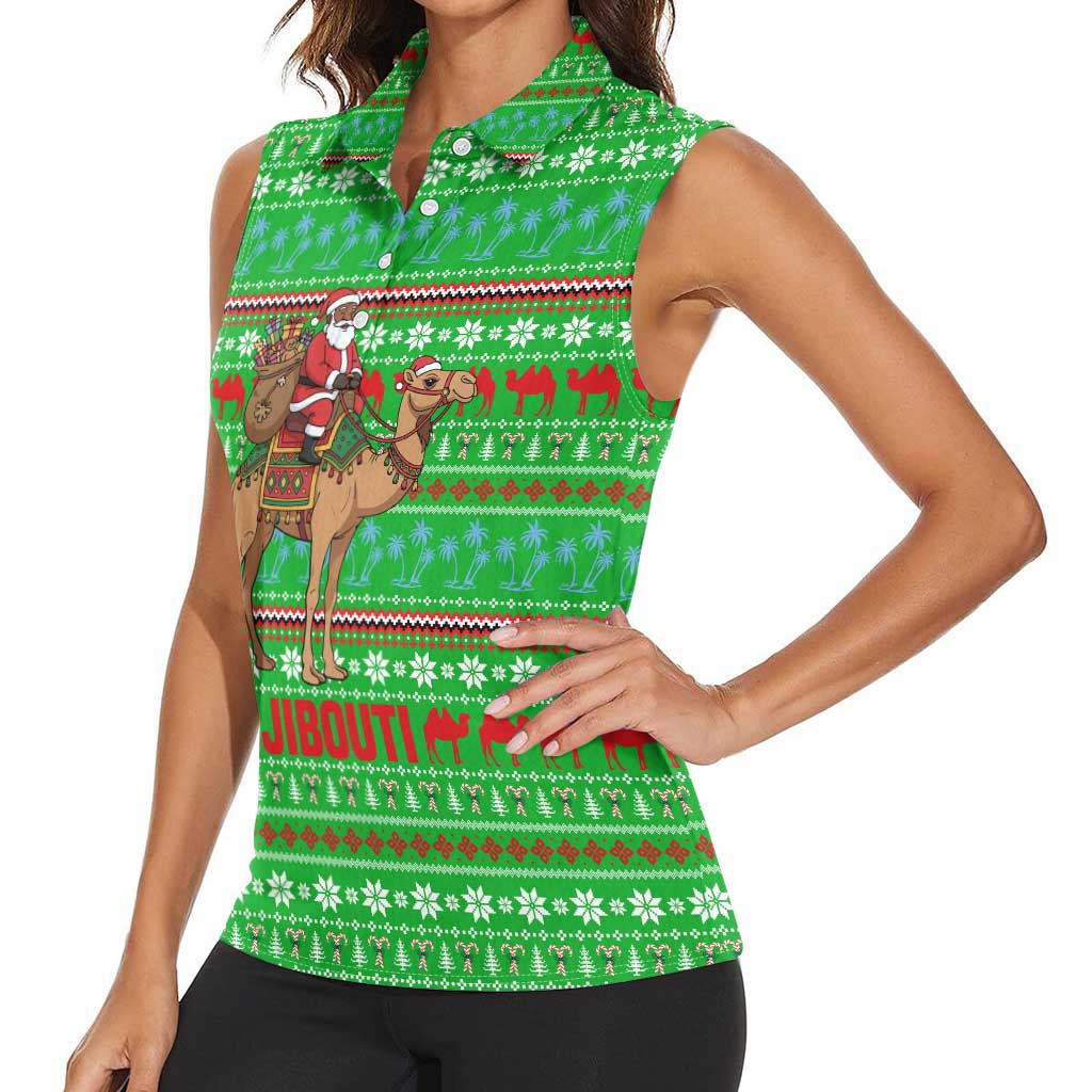 Djibouti Christmas Women Sleeveless Polo Shirt with Santa Riding Camel Palm Trees Red Camel - Wonder Print Shop