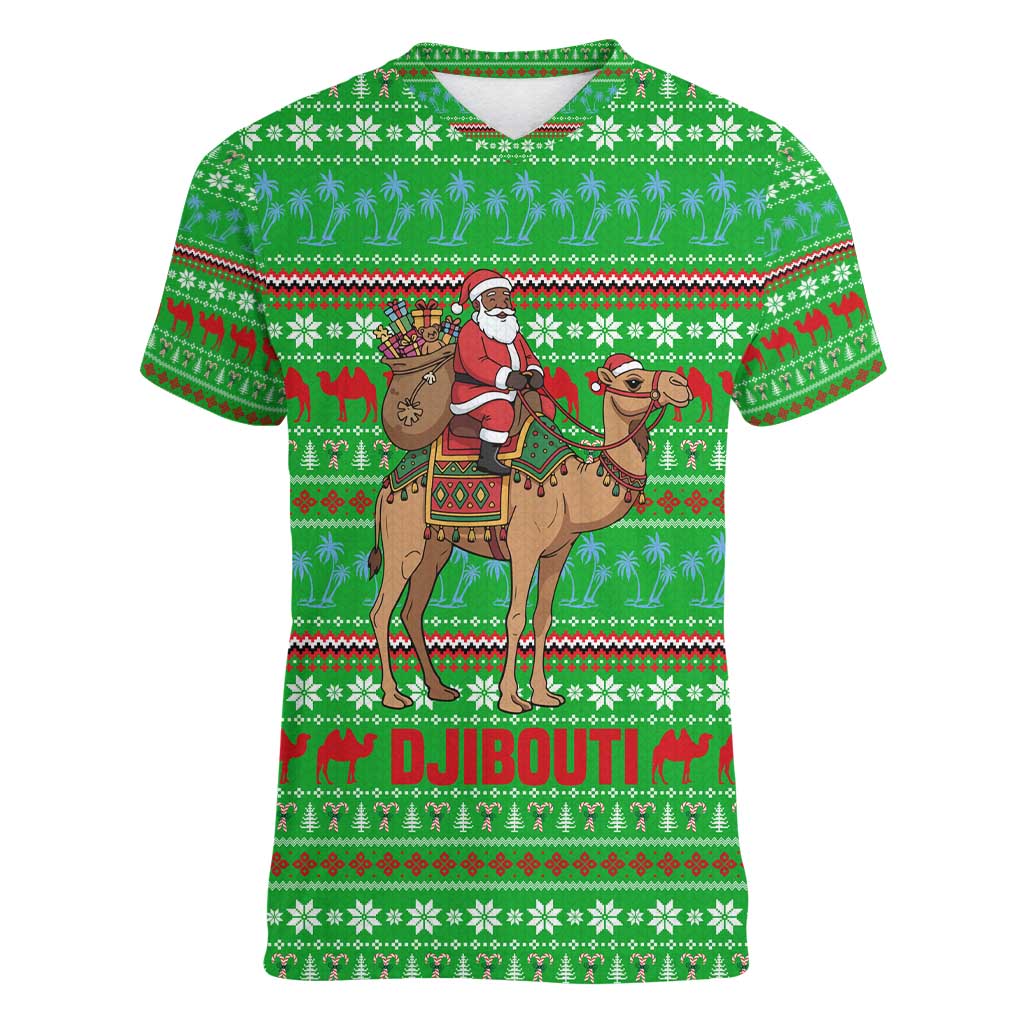 Djibouti Christmas Women V-Neck T-Shirt with Santa Riding Camel Palm Trees Red Camel - Wonder Print Shop