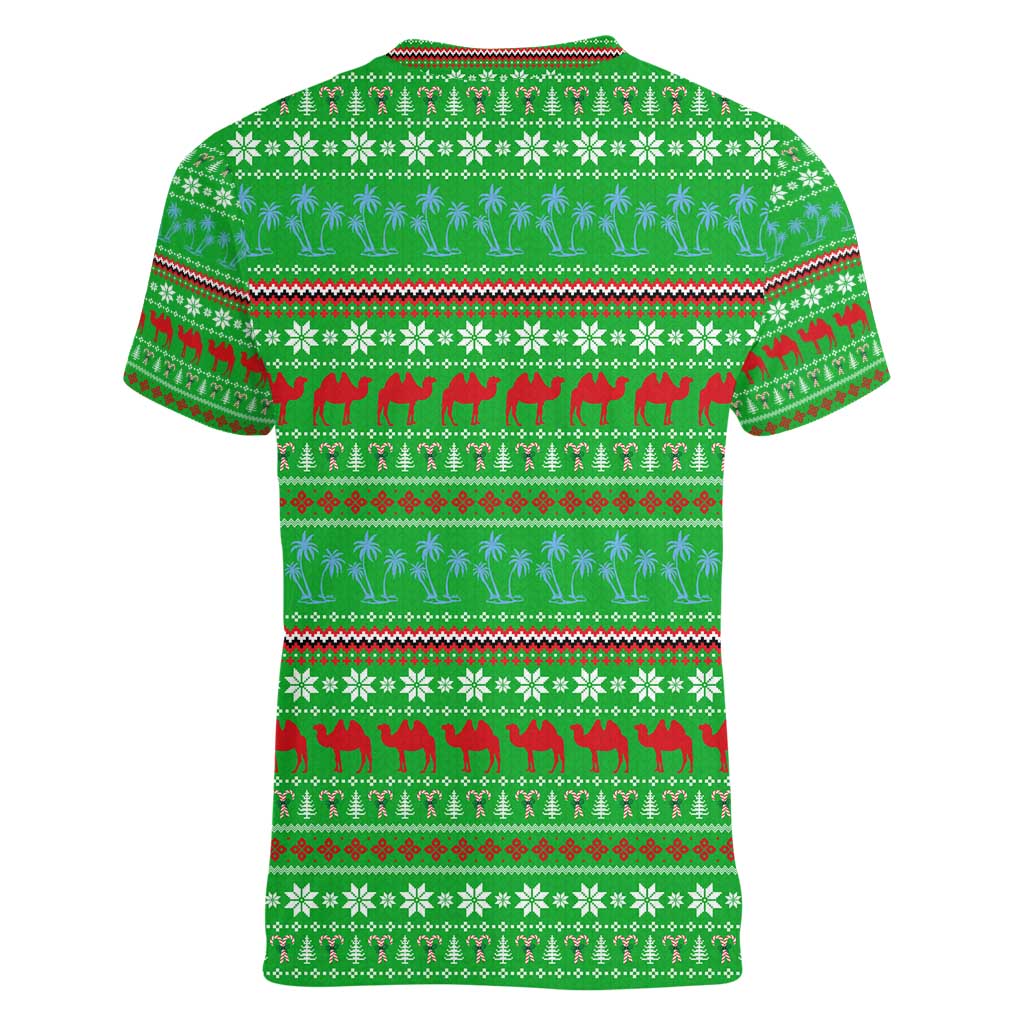 Djibouti Christmas Women V-Neck T-Shirt with Santa Riding Camel Palm Trees Red Camel - Wonder Print Shop