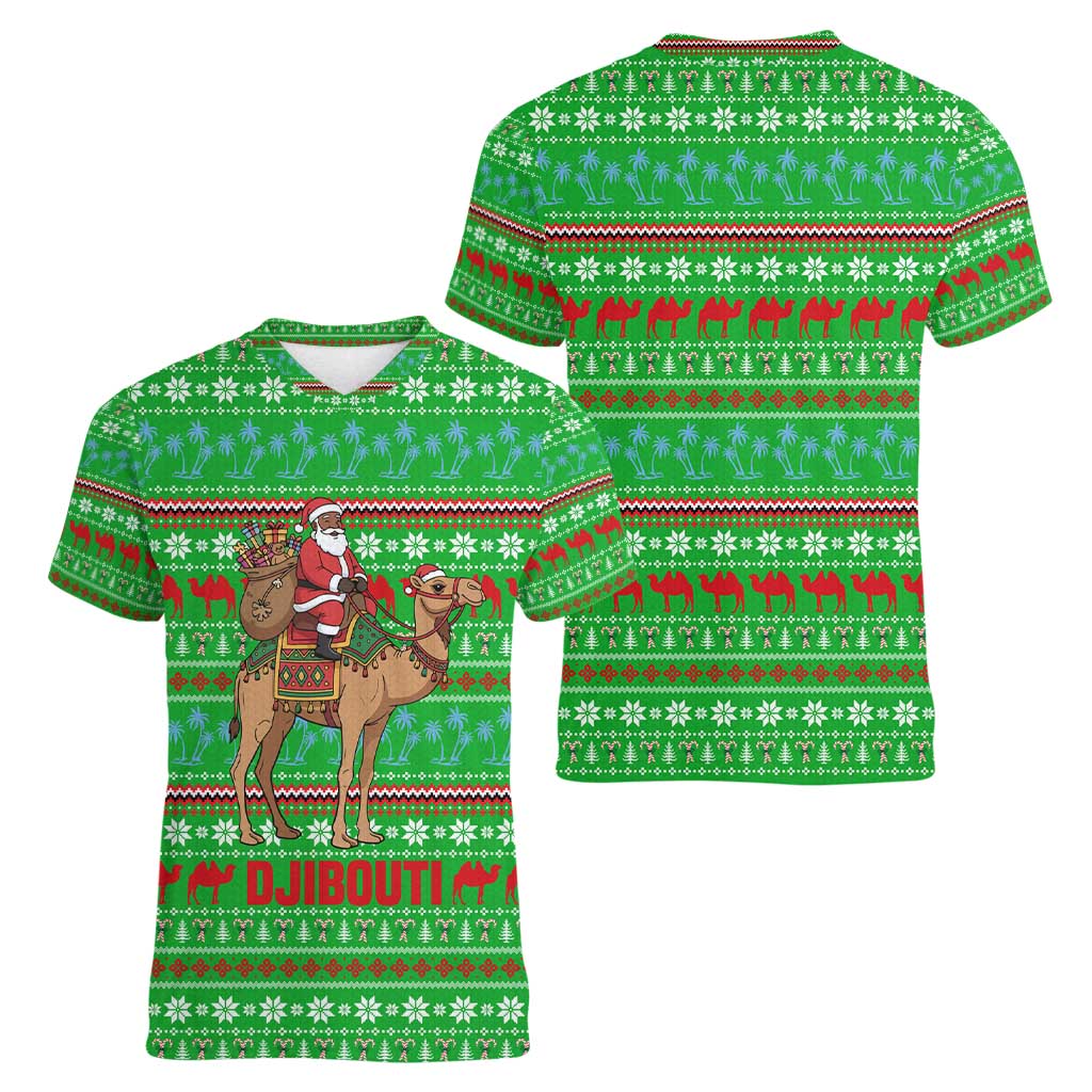 Djibouti Christmas Women V-Neck T-Shirt with Santa Riding Camel Palm Trees Red Camel - Wonder Print Shop
