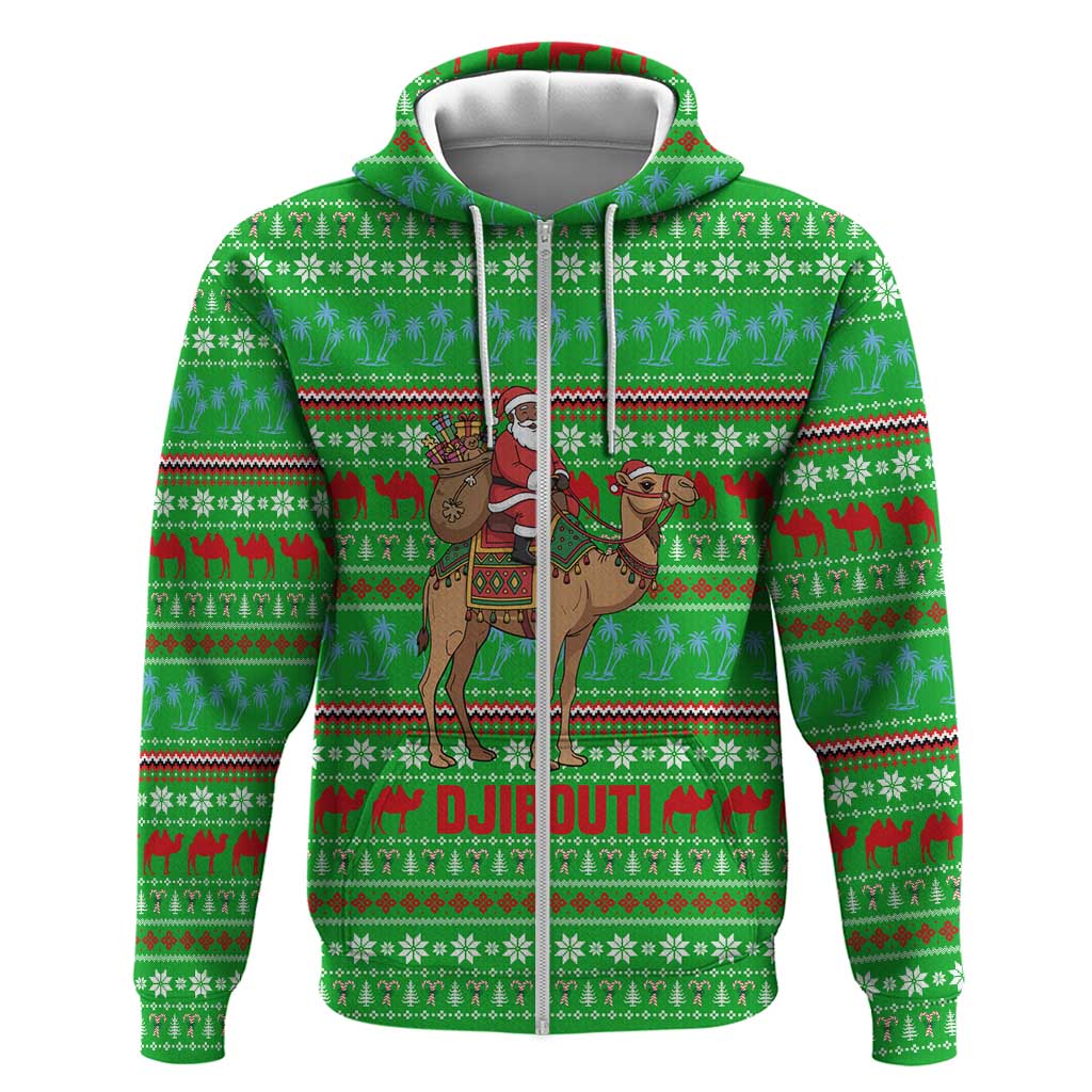 Djibouti Christmas Zip Hoodie with Santa Riding Camel Palm Trees Red Camel - Wonder Print Shop