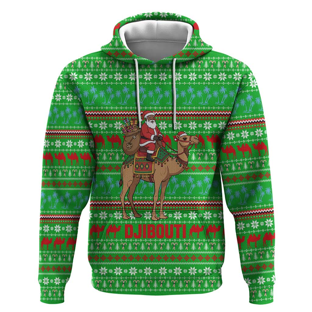 Djibouti Christmas Zip Hoodie with Santa Riding Camel Palm Trees Red Camel - Wonder Print Shop