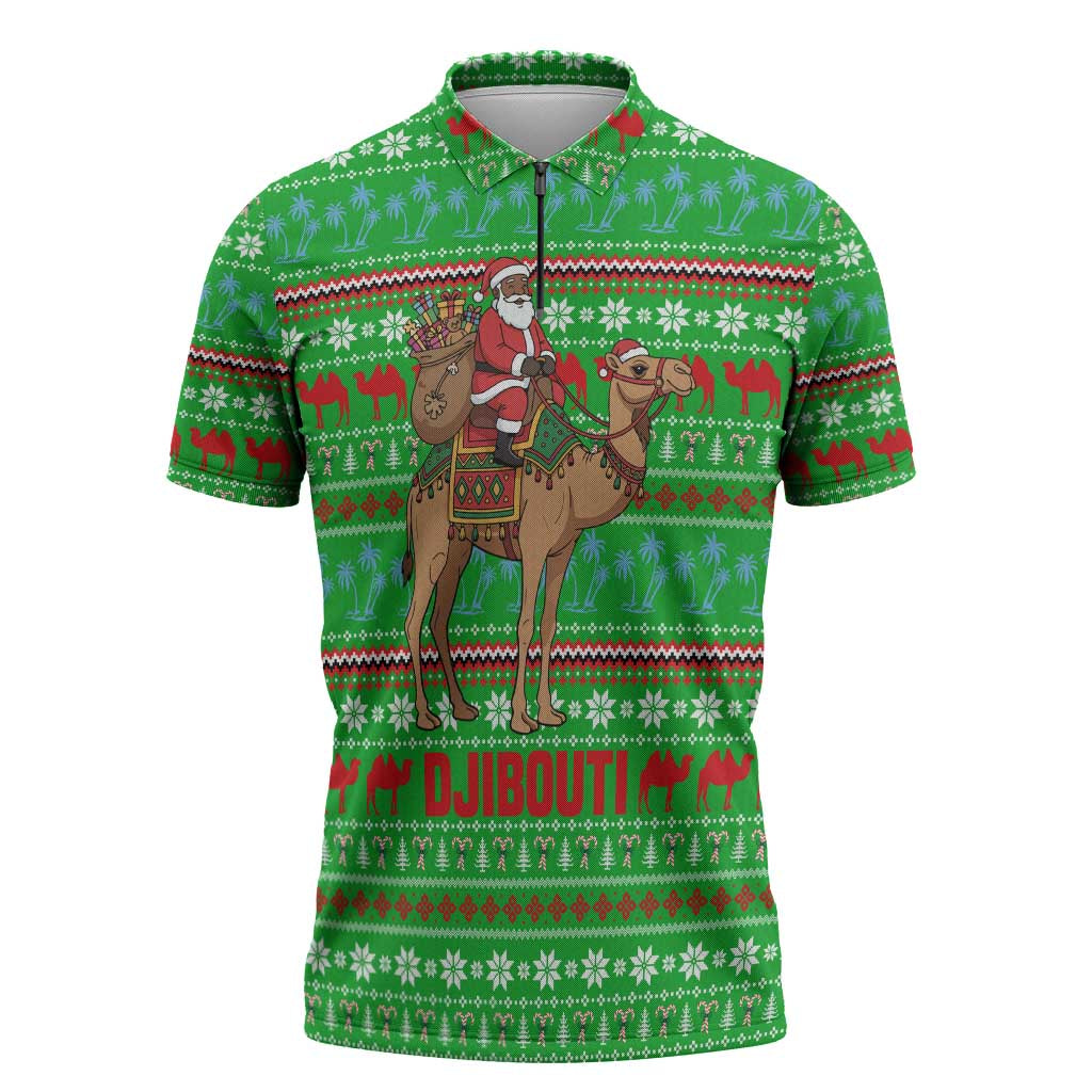 Djibouti Christmas Zipper Polo Shirt with Santa Riding Camel Palm Trees Red Camel - Wonder Print Shop