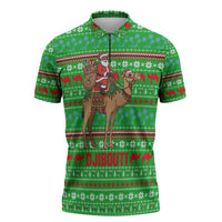 Djibouti Christmas Zipper Polo Shirt with Santa Riding Camel Palm Trees Red Camel - Wonder Print Shop