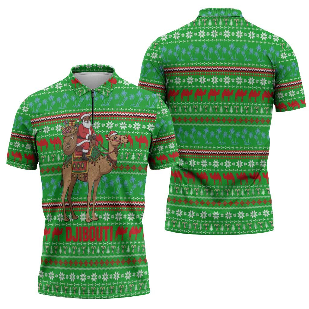 Djibouti Christmas Zipper Polo Shirt with Santa Riding Camel Palm Trees Red Camel - Wonder Print Shop