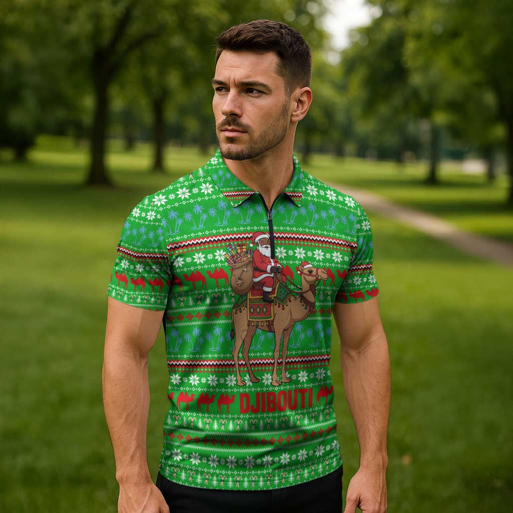 Djibouti Christmas Zipper Polo Shirt with Santa Riding Camel Palm Trees Red Camel - Wonder Print Shop