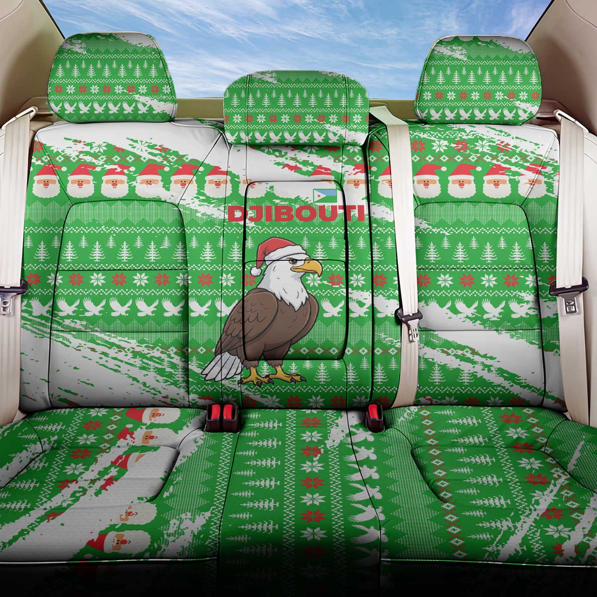 Djibouti Christmas Back Car Seat Cover with Santa Eagle Doves Trees and Green Snowflake Holiday - Wonder Print Shop