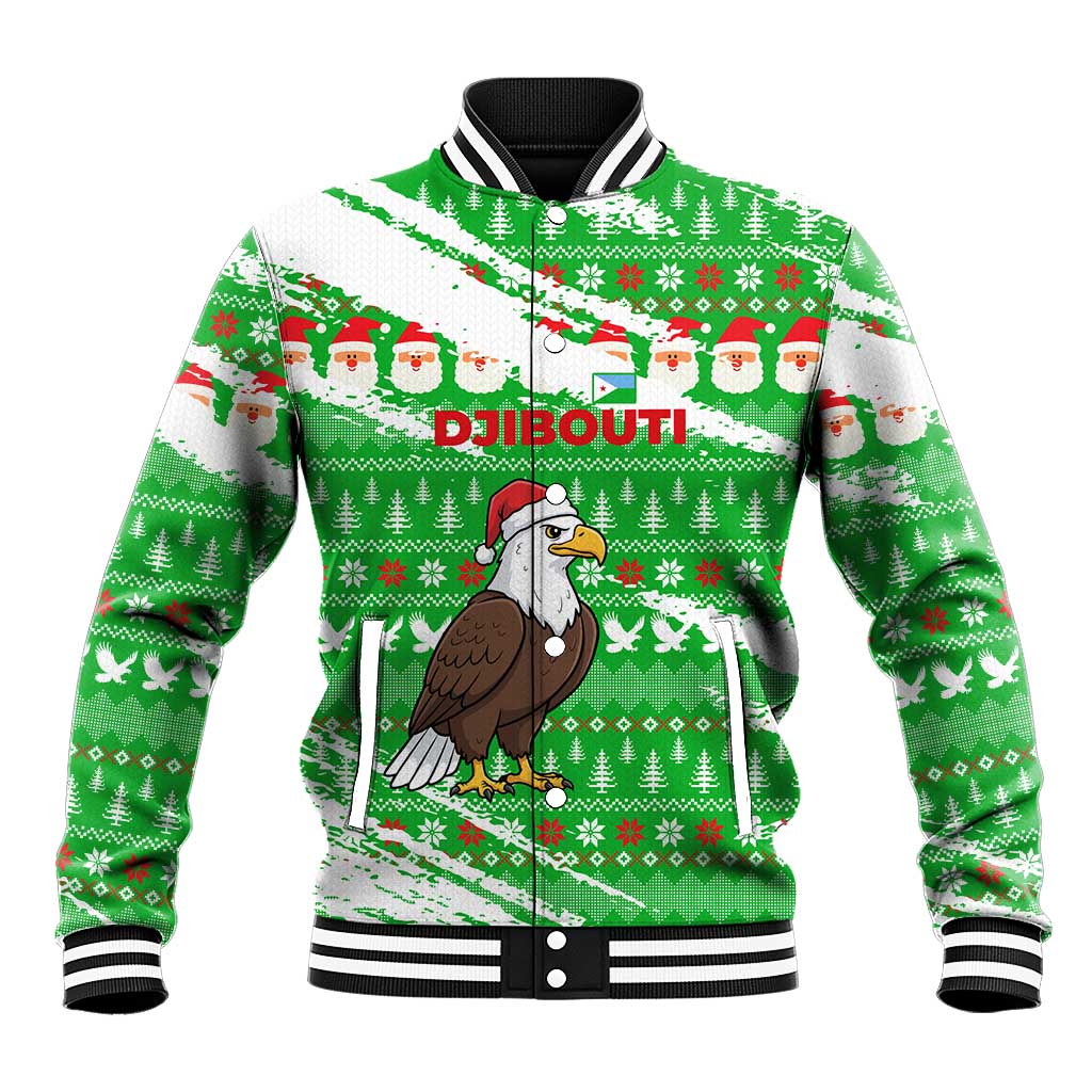 Djibouti Christmas Baseball Jacket with Santa Eagle Doves Trees and Green Snowflake Holiday - Wonder Print Shop