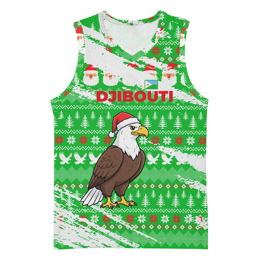 Djibouti Christmas Basketball Jersey with Santa Eagle Doves Trees and Green Snowflake Holiday - Wonder Print Shop