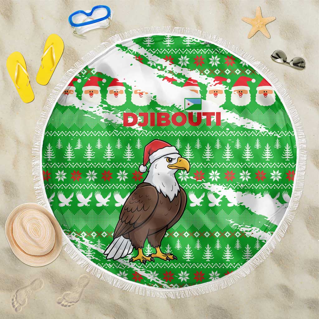Djibouti Christmas Beach Blanket with Santa Eagle Doves Trees and Green Snowflake Holiday - Wonder Print Shop