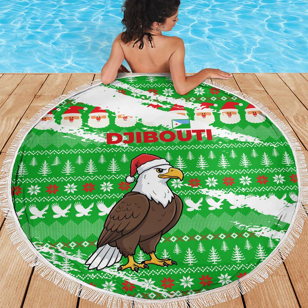 Djibouti Christmas Beach Blanket with Santa Eagle Doves Trees and Green Snowflake Holiday - Wonder Print Shop