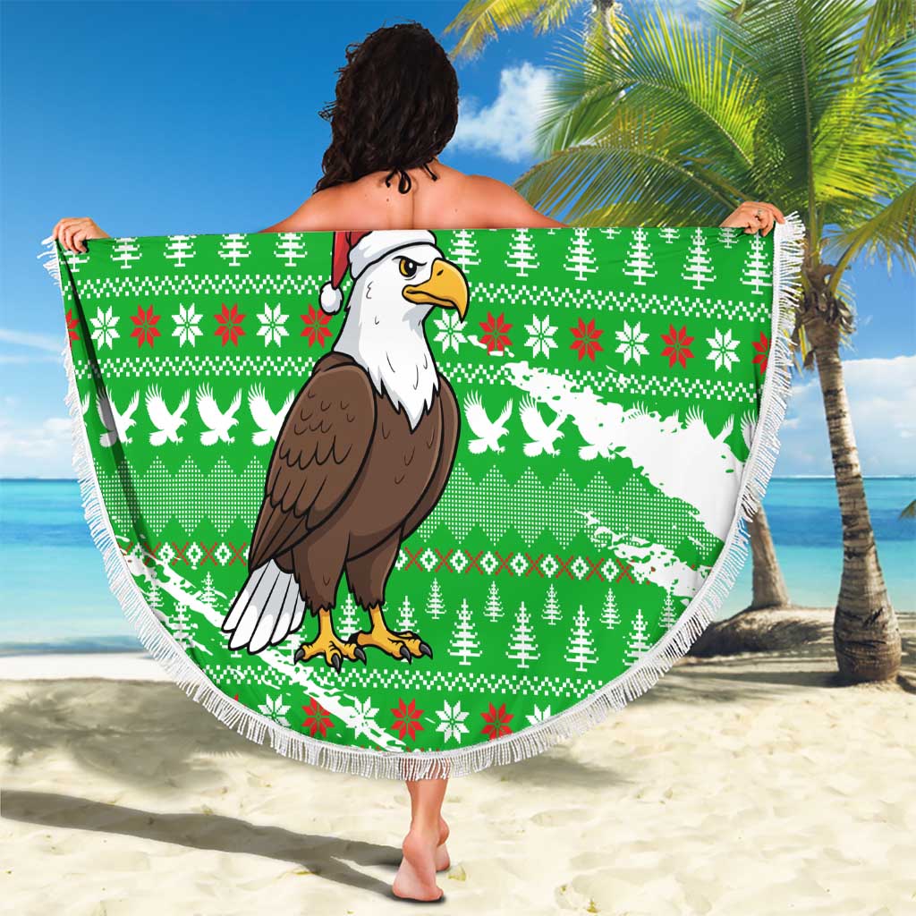Djibouti Christmas Beach Blanket with Santa Eagle Doves Trees and Green Snowflake Holiday - Wonder Print Shop