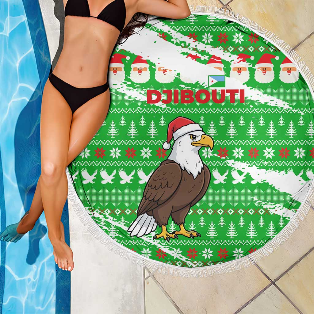 Djibouti Christmas Beach Blanket with Santa Eagle Doves Trees and Green Snowflake Holiday - Wonder Print Shop
