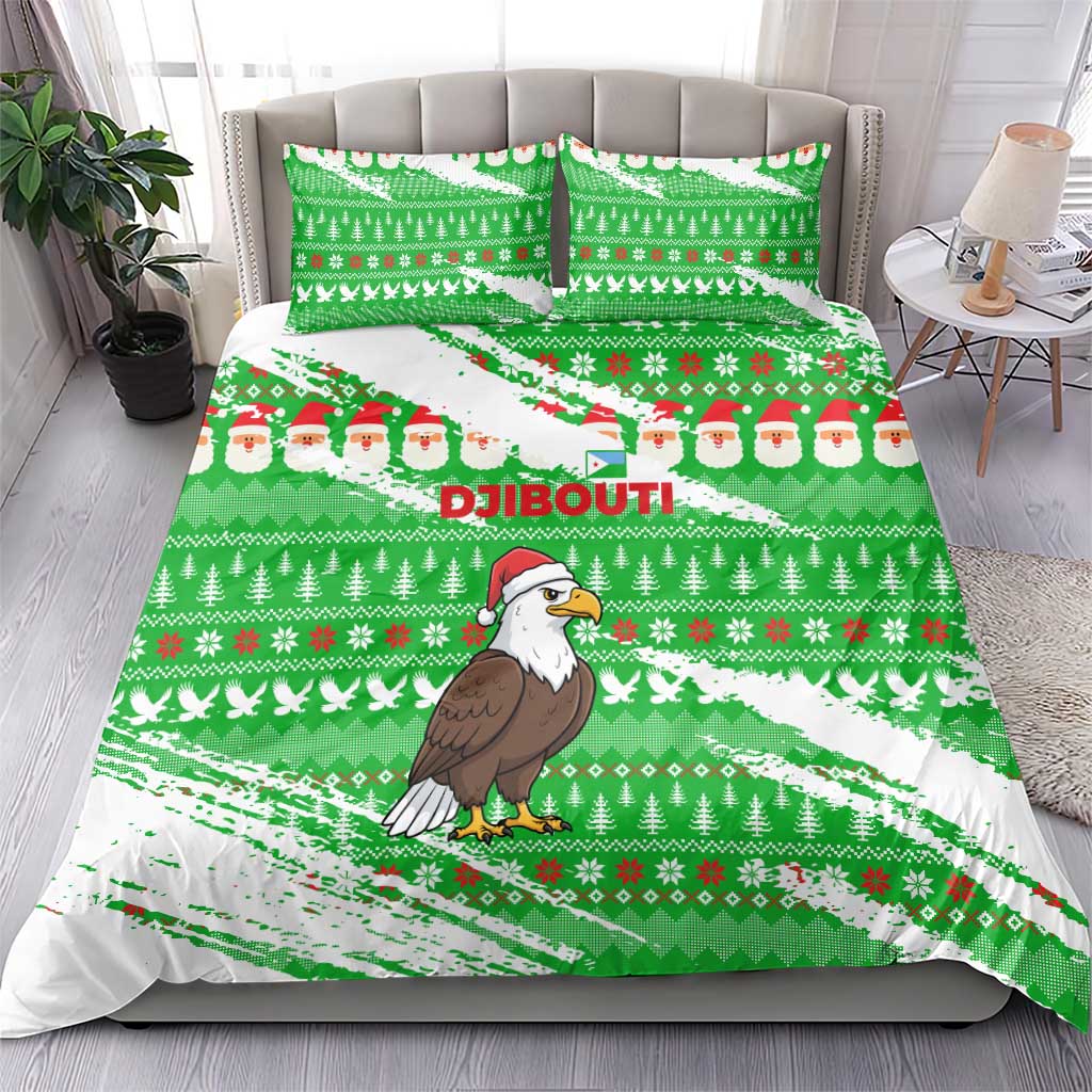 Djibouti Christmas Bedding Set with Santa Eagle Doves Trees and Green Snowflake Holiday - Wonder Print Shop