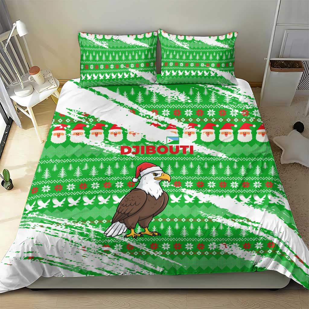Djibouti Christmas Bedding Set with Santa Eagle Doves Trees and Green Snowflake Holiday - Wonder Print Shop