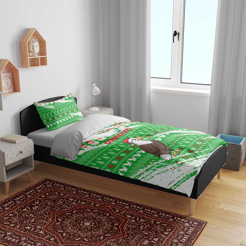 Djibouti Christmas Bedding Set with Santa Eagle Doves Trees and Green Snowflake Holiday - Wonder Print Shop