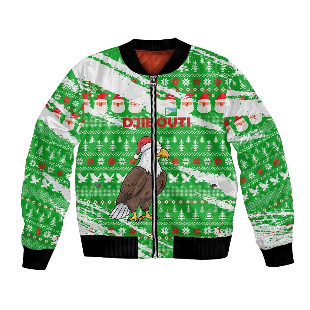 Djibouti Christmas Bomber Jacket with Santa Eagle Doves Trees and Green Snowflake Holiday - Wonder Print Shop