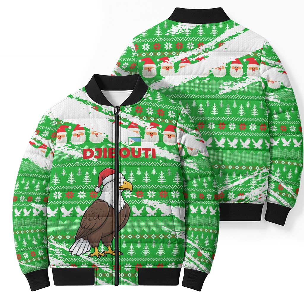 Djibouti Christmas Bomber Puffer Jacket with Santa Eagle Doves Trees and Green Snowflake Holiday - Wonder Print Shop