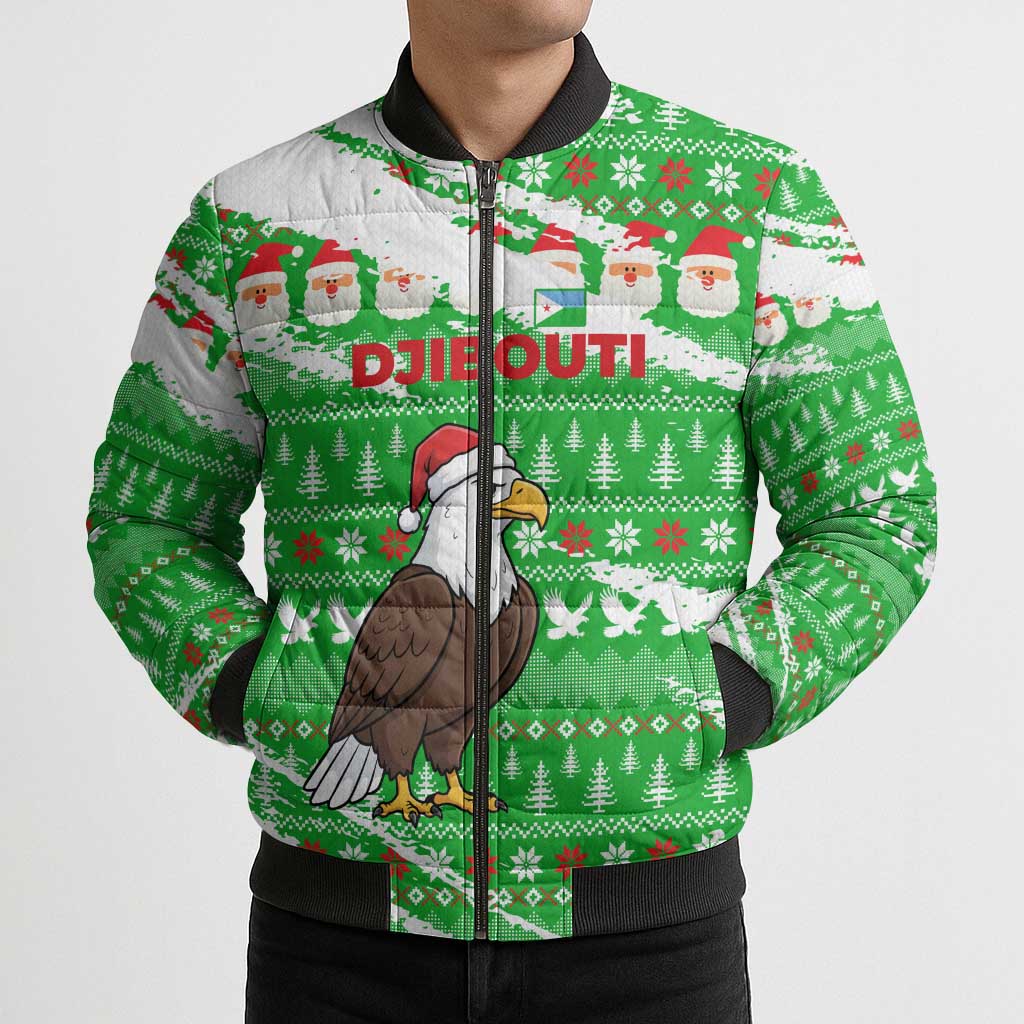 Djibouti Christmas Bomber Puffer Jacket with Santa Eagle Doves Trees and Green Snowflake Holiday - Wonder Print Shop