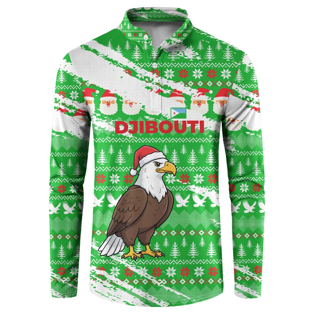 Djibouti Christmas Button Sweatshirt with Santa Eagle Doves Trees and Green Snowflake Holiday - Wonder Print Shop