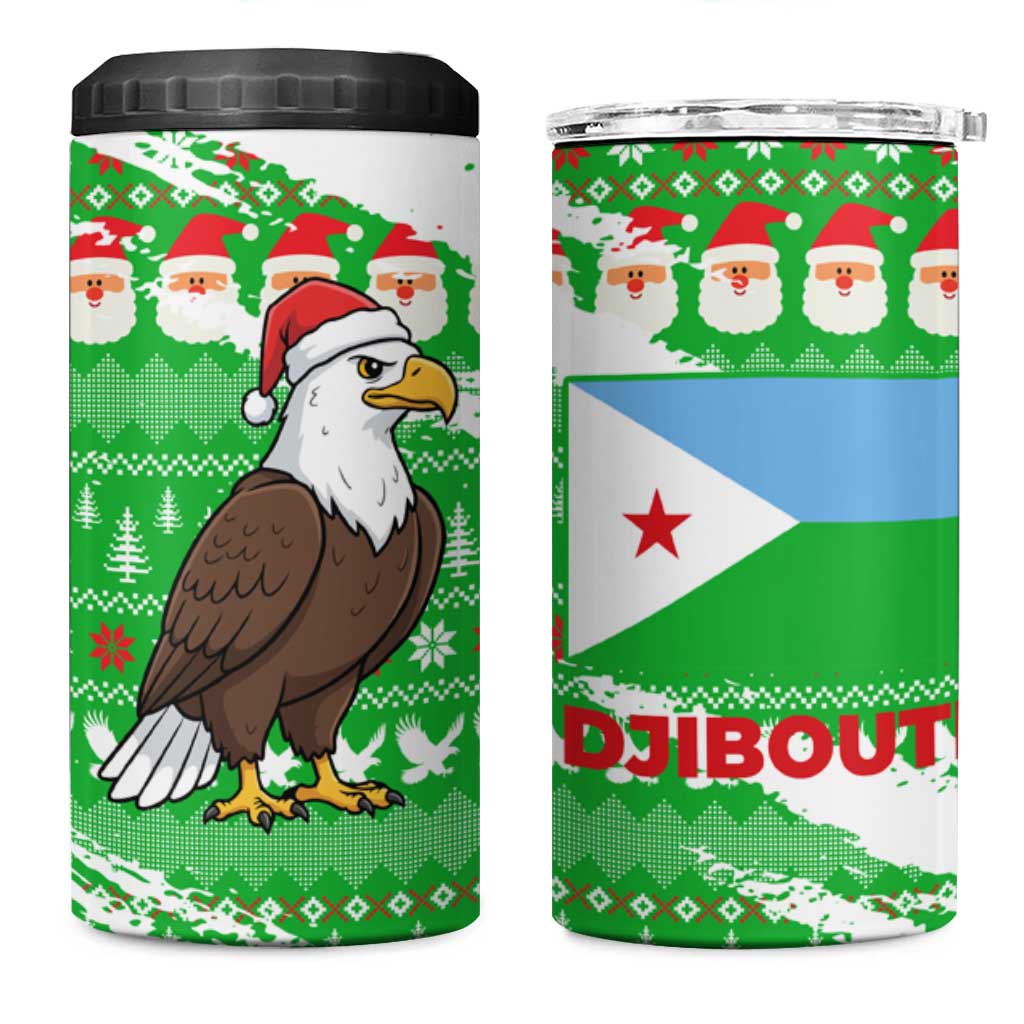 Djibouti Christmas 4 in 1 Can Cooler Tumbler with Santa Eagle Doves Trees and Green Snowflake Holiday - Wonder Print Shop