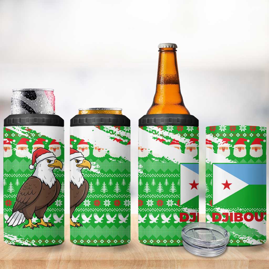 Djibouti Christmas 4 in 1 Can Cooler Tumbler with Santa Eagle Doves Trees and Green Snowflake Holiday - Wonder Print Shop