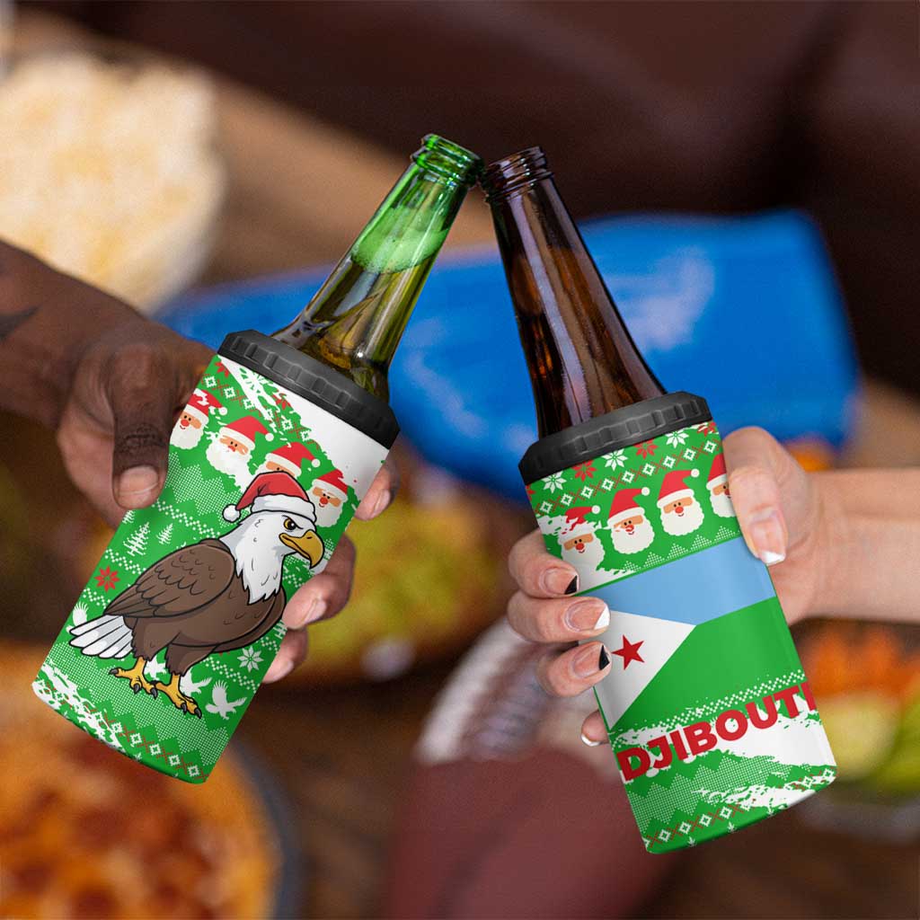 Djibouti Christmas 4 in 1 Can Cooler Tumbler with Santa Eagle Doves Trees and Green Snowflake Holiday - Wonder Print Shop