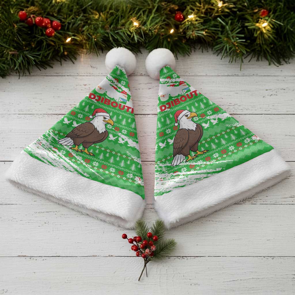 Djibouti Christmas Santa Hat with Santa Eagle Doves Trees and Green Snowflake Holiday - Wonder Print Shop