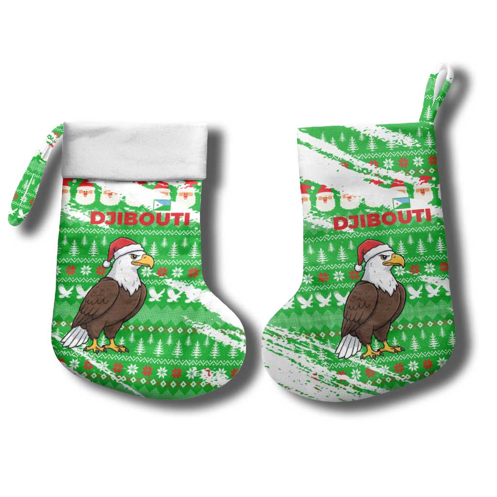 Djibouti Christmas Stocking with Santa Eagle Doves Trees and Green Snowflake Holiday - Wonder Print Shop