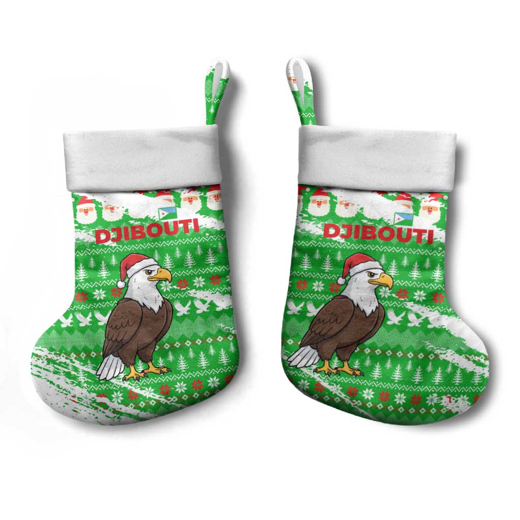 Djibouti Christmas Stocking with Santa Eagle Doves Trees and Green Snowflake Holiday - Wonder Print Shop